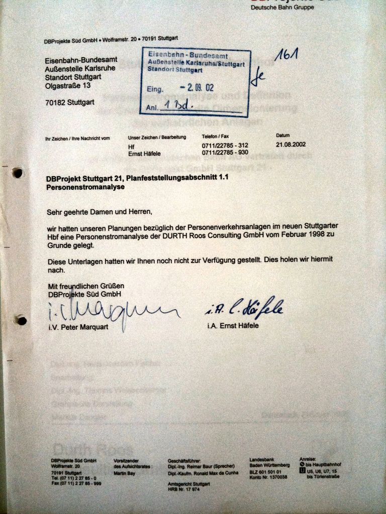 Anschreiben der DB Projaktbau an das Eisenbahnbundesamt